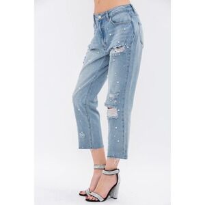 NWT Blank NYC Madison Crop Jeans Light Wash Distressed Pearl Embellished Size 28